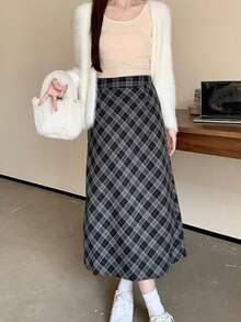 [Y6Y] Women's Black & Gray Casual Elegant Long A-Line Plaid Woven Skirt, Suitable For Spring/Summer - Black - View 3