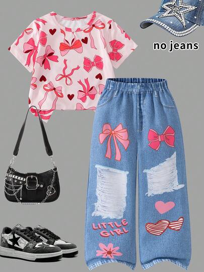 【印花效果，非牛仔布】女童休闲纯色针织可爱蝴蝶结印花短袖圆领套头衫，搭配松紧腰牛仔裤，日常、居家、户外、运动、春夏女童套装