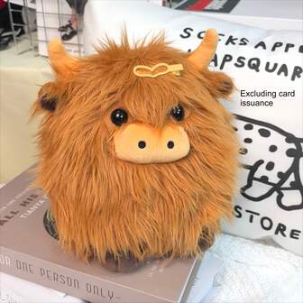 Cute Fluffy Brown Highland Cow Plush Doll, Soft Round Cattle Stuffed Animal Decor