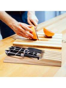 1个竹制刀架，抽屉式刀具收纳盒，可容纳7/9把刀，厨房抽屉式刀具整理器（不含刀具） - 彩色 - 查看 1