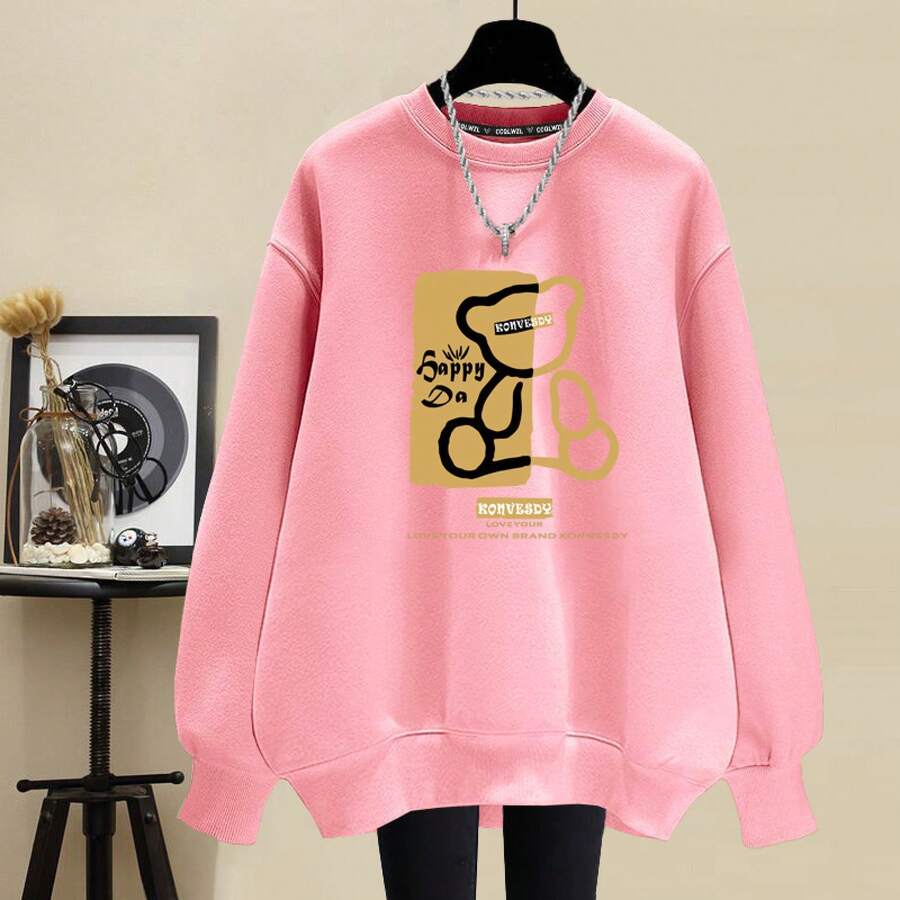 Women's Round Neck Cotton Fleece Lined Sweatshirt Plus Thick Warm Spring Autumn Winter High Street Casual Loose Age Reducing Pullover Top Outerwear - 粉紅(DD15熊寶寶印前)重磅純棉 - 查看 1