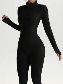 FWH 2pcs/Set Street Style Bodycon Outfit, Includes Zip-Front Jacket With Thumb Holes And High-Waisted Flare Pants, 4-Way Stretch, Slimming And Lifting, Confidence-Boosting Women's Set - Multicolor - View 9