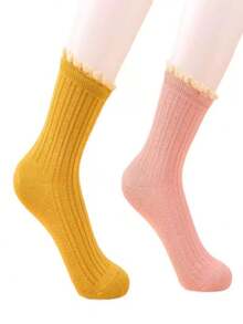 1/5/10 Pairs Women Socks, Random Assorted Solid Color Vertical Stripe Lace Mid-Calf Socks, Versatile Japanese Style, Autumn/Winter