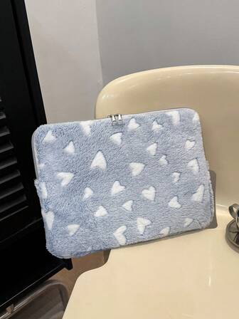 蓝白爱心图案毛绒笔记本电脑/平板电脑保护套，适用于 11 英寸、14 英寸、15 英寸笔记本电脑，防震保护套