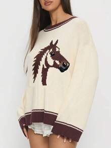 Women Y2K Graphic Oversized Sweater Horse Print Crew Neck Long Sleeve Knit Pullover Top  Loose Fit Streetwear - Màu Khaki - Xem 2