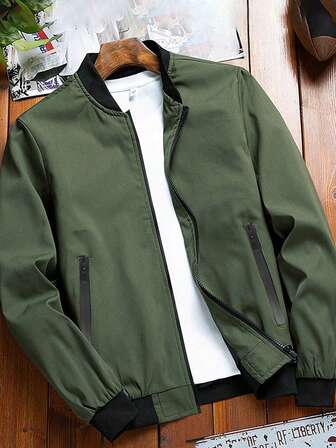 男士舒适翻领夹克 - 柔软纯色，拉链闭合，长袖，商务风格，适合户外活动的休闲穿着，百搭透气