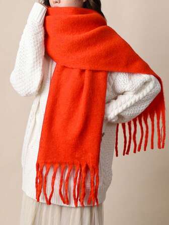 1pc Solid Color Scarf, Winter Warm Neck, Thickened Wool Knitted Thick Fringed Shawl, Can Be Warm