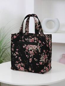 New Arrival, Thickened Floral Print Fabric Tote Bag, Large Capacity Portable Lunch Box Storage Bag, Suitable For Work Commute, Carrying Lunch, Outdoor Shopping, Lunch Box Storage, Daily Use, Cloth Bag, Lunch Bag, Hand-Held Bag. Back To School Season, Retro Cooler Bag Waterproof For Women For Men For Picnic For School - Black - View 5