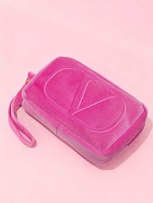 Valentino Pink Cosmetic Pouch With Detachable Satin Strap, Soft Velvet Makeup Bag Featuring Signature VLogo Medallion & Metal Zipper Pull - Hot Pink - View 1