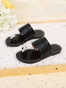 1 Pair Black Toddler Girls' Flat Sandals With Shiny Colorful Sequins, Butterfly Decor, Open Toe, Fashion Cute Roman Style Slippers For 3-12 Years Old, Suitable For Daily, Party, Beach, Spring/Summer - Black - View 5