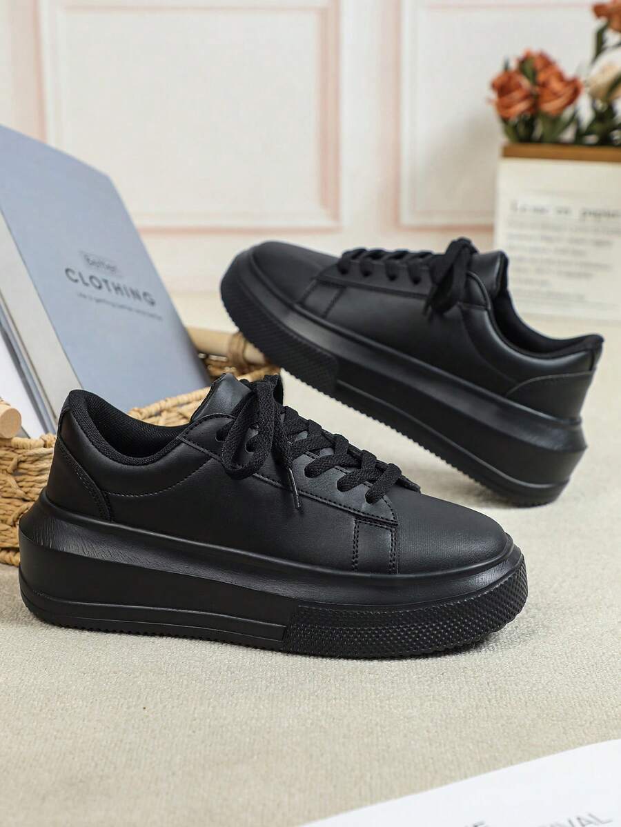 All-Season Versatile Black Fashion Breathable Thick-Soled Casual Chunky Sneakers, Men's Outdoor Shoes, Christmas Gift, Vacation Season Travel, Back-To-School Gift, Timeless Couple's Sneakers - All Black - View 1