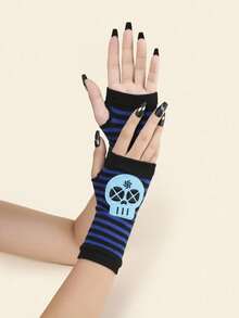 1 双骷髅刺绣 Y2K 前卫街头风格条纹手套（拇指缝线颜色随机为手套对比色之一）臂套秋季时尚