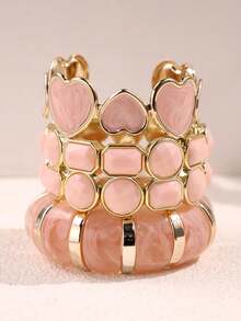 1pc Asymmetrical Crinkle White & Brown Tie Dye Resin Bracelet, Minimalist Elastic Thick Wide Bracelet, Versatile Daily Wear Stacking Jewelry For Women - Multicolor - View 6