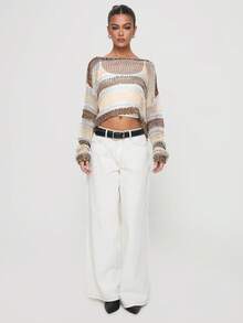 女士轻薄条纹镂空透视短款套头衫，春秋季 - 黃色 - 查看 3