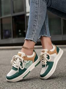 Giày đi bộ đường dài ngoài trời thông thường tăng chiều cao màu sắc mới dành cho nữ, giày trượt ván thông thường buộc dây phía trước họa tiết chữ và nhánh thời trang - Be - Xem 3