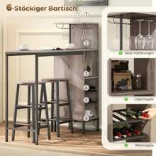 3-Piece Bar Table Set With Storage, Bottle Racks, Glass Holders And Stools With Footrests, Ideal For Small Spaces, Grey. - Maroon - View 2