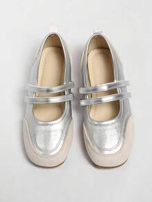 新款春秋季英伦风低帮芭蕾平底系带休闲玛丽珍鞋 - 銀色 - 查看 6