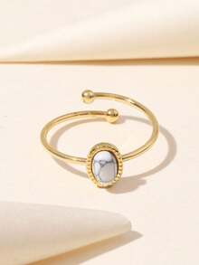 1枚14K镀金多巴胺灵感巴洛克风格天然石装饰可调节不锈钢戒指，适合女性日常佩戴，礼品 - 白松 - 查看 2