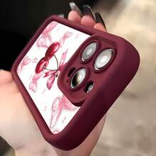 Estuche para teléfono con patrón de lazo de cereza y mariposa Compatible con estuches para teléfonos   17  16 Pro Max  15 Pro Max  13 y  12 Hecho de material TPU a prueba de caídas, resistente al desgaste y cómodo de sostener Un gran regalo para familiares, amigos, seres queridos, novios / novias y para Navidad - Vino tinto - Ver 4