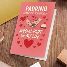一张温馨感谢卡，含信封（11厘米 x 16厘米，4.33英寸 x 6.29英寸）——“教父，感谢您成为我生命中特别的一部分”，柔和的红色背景，配以握手、爱心和纸杯蛋糕图案，完美表达对教父的感激之情，情感贺卡 | 家庭贺卡 | 纸质贺卡