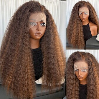 Kanekalon Futura Haar Braun Highlight Blond gemischte Farbe 13x4 synthetische Spitzenfront Perücke für Frauen 22 Zoll lang wellig Wasser Welle klebefrei Kanekalon hitzebeständige synthetische Haar Perücken Mittelscheitel 150% Dichte natürliche Haaransatz klebefrei hitzebeständige Faser Perücken für Mode Frauen Mädchen Party Urlaub täglichen Gebrauch synthetisch weich Anfänger freundlich Perücke