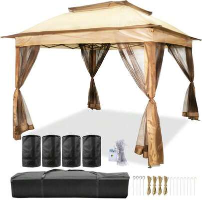 Gazebo Pabellón Exterior 3,3 x 3,3 x 2,95 m con Mosquitera - Carpa Plegable Portátil en Tela de Nylon y Estructura de Acero para Picnics, Fiestas, Barbacoas y Vendedores