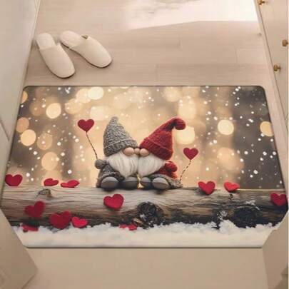 1 st nordisk mysig sagoromantisk vinterdörrmatta, stickad gnomfigur, hjärtelement med snöigt landskap i sammet, rektangulär matta i varm träfärgad bakgrund, absorberande entrématta för hushållet, lämplig för daglig användning och alla årstider, dörrmatta, liten matta, välkomstmatta, matta, golvmatta, utomhusdörrmatta, köksmatta, heminredning, ytterdörrmatta, liten matta, utomhusmatta, heminredning, trädgårdsmatta, tvättbar matta