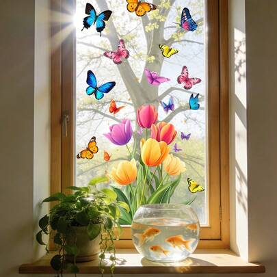 1/5 Juegos de Pegatinas de Ventana con Tulipanes Vibrantes y Mariposas de Primavera, Pegatinas Reutilizables de PVC con Estática Adhesiva por Ambos Lados, Adecuadas para Decoración de Dormitorio, Sala de Estar, Estudio y Oficina, También Previenen Colisiones y Golpes de Pájaros