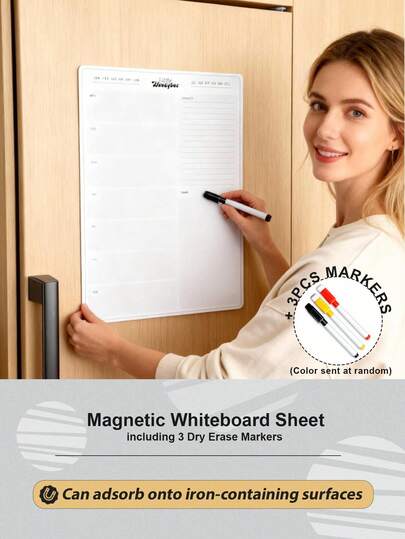 Bảng trắng từ tính cỡ lớn, kèm 3 bút viết bảng (màu ngẫu nhiên), có tẩy, có thể gắn vào tủ lạnh, tái sử dụng, linh hoạt dùng cho kế hoạch hàng tuần/hàng tháng/hàng ngày, nhà bếp, bảng ghi chú xóa khô tại nhà và văn phòng, giá đỡ tủ lạnh từ tính chắc chắn.