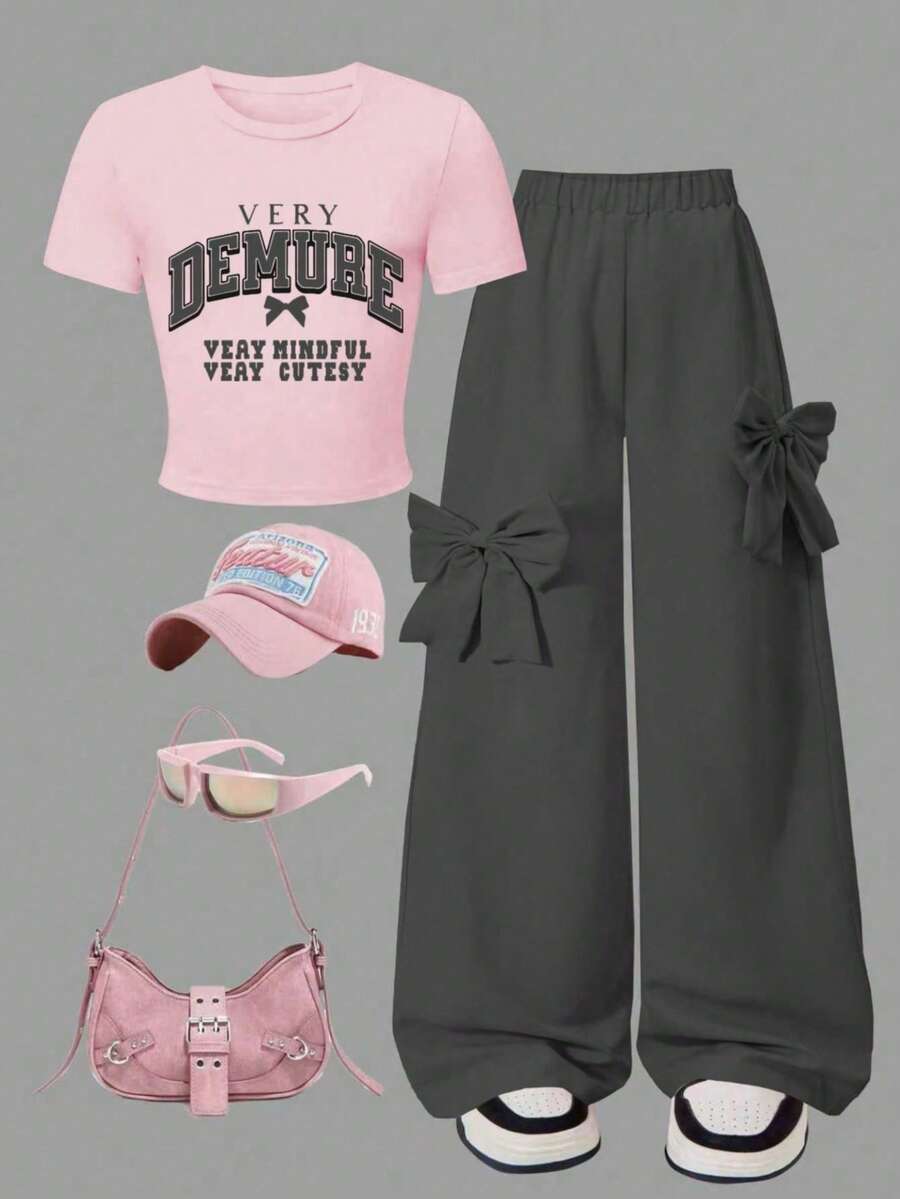 2pcs/Set Fashionable & Sweet Casual Girls Outfit, Including A Minimalist Letter & Bow Decor Pink Short Sleeve Top And A Gray Bow Accent Wide Leg Pants, Suitable For Vacation, Valentine's Day, Spring, Autumn, Summer, Party, School And Daily Wear - Grey - View 1