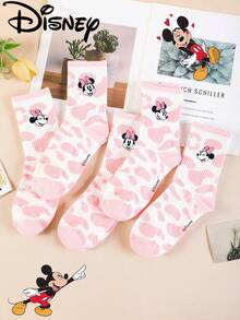 Disney 1 Pair/5 Pairs/10 Pairs Women's Mid-Calf Socks - Minnie Mouse Pattern, Pink Cow Print Mid-Calf Socks, Sweet & Cool High Elasticity Sports Mid-Calf Socks, Versatile Style, Suitable For Daily Wear And As Holiday Gifts - Multicolor - View 1