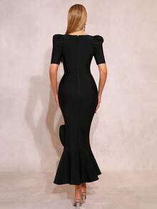 新款女士黑色性感方领泡泡袖手工串珠荷叶边伴娘礼服，适合婚礼、生日派对、宴会等场合。 - 黑色 - 查看 9