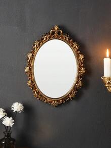 1件树脂材质金色椭圆形浮雕墙面装饰镜，家居墙面装饰挂镜，欧式背景墙面装饰家居艺术挂饰，适用于家居墙面装饰、梳妆镜或摄影道具 - 金色 - 查看 4