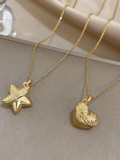 18K镀金不锈钢心形星形立方氧化锆吊坠 - 时尚可爱，可打开吊坠，适合女孩日常佩戴，也是情人节或送给男孩的绝佳礼物。