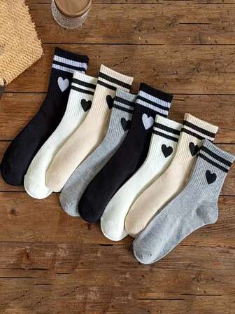 4 par slumpmässiga rosettstrumpor för kvinnor, tunna strumpor till mitten av vaden, andningsbara och fukttransporterande, svarta och vita, mångsidiga,