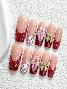 10Pcs Late Autumn Red Style Handmade Press On Nail,Polygel Nail Set,Leopard Fake,Flowers,Red,White Nail Polish,Personality Style,Includes Nail Tools,3 Sizes Available,Almond,Duck,Coffin Nails For Party,Dance,Daily Wear. - 彩色 - 查看 4