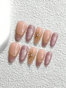 10Pcs Glitter Style Handmade Press On Nail,Polygel Nail Set,French,Sun,Cat's Eye,Dark Purple Nail Polish,Calm And Dignified Style,Includes Nail Tools,3 Sizes Available,Almond,Duck,Coffin Nails For Party,Dance,Daily Wear. - 彩色 - 查看 3
