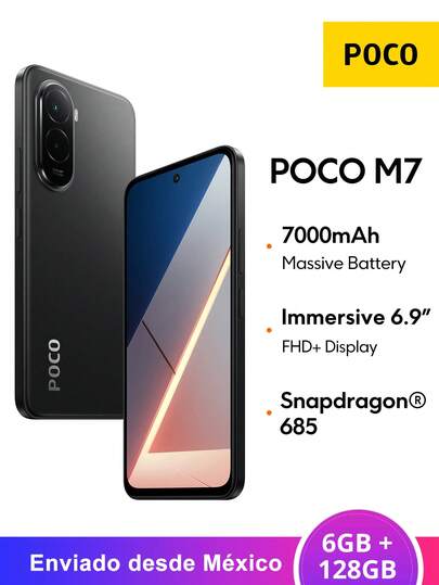 Xiaomi Smartphone POCO M7 NFC 6GB + 128GB  , Pantalla inmersiva FHD+ de 6,9" Frecuencia de actualización de 144 Hz Batería masiva de 7000 mAh (típica) Carga rápida de 33 W y carga inversa de 18 W Cámara dual de 50 MP Al Desbloqueo facial con IA Snapdragon 685 Resistencia al agua y al polvo IP64, *EU Charger