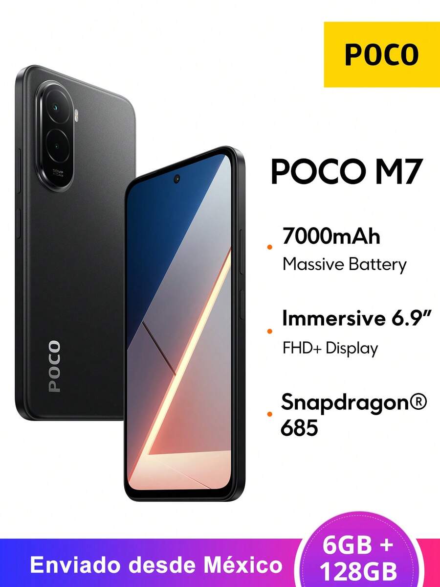 Xiaomi POCO M7 Smartphone NFC 6GB + 128GB  , Pantalla inmersiva FHD+ de 6,9" Frecuencia de actualización de 144 Hz Batería masiva de 7000 mAh (típica) Carga rápida de 33 W y carga inversa de 18 W Cámara dual de 50 MP Al Desbloqueo facial con IA Snapdragon 685 Resistencia al agua y al polvo IP64, *EU Charger,100% Original - Negro - Ver 1