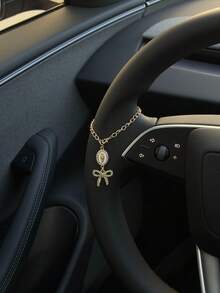 1个方向盘装饰品，15厘米可调节长度，简约可爱，创意念珠吊坠汽车配件，独特时尚汽车挂件装饰 - 白色橢圓盤+蝴蝶結 - 查看 6