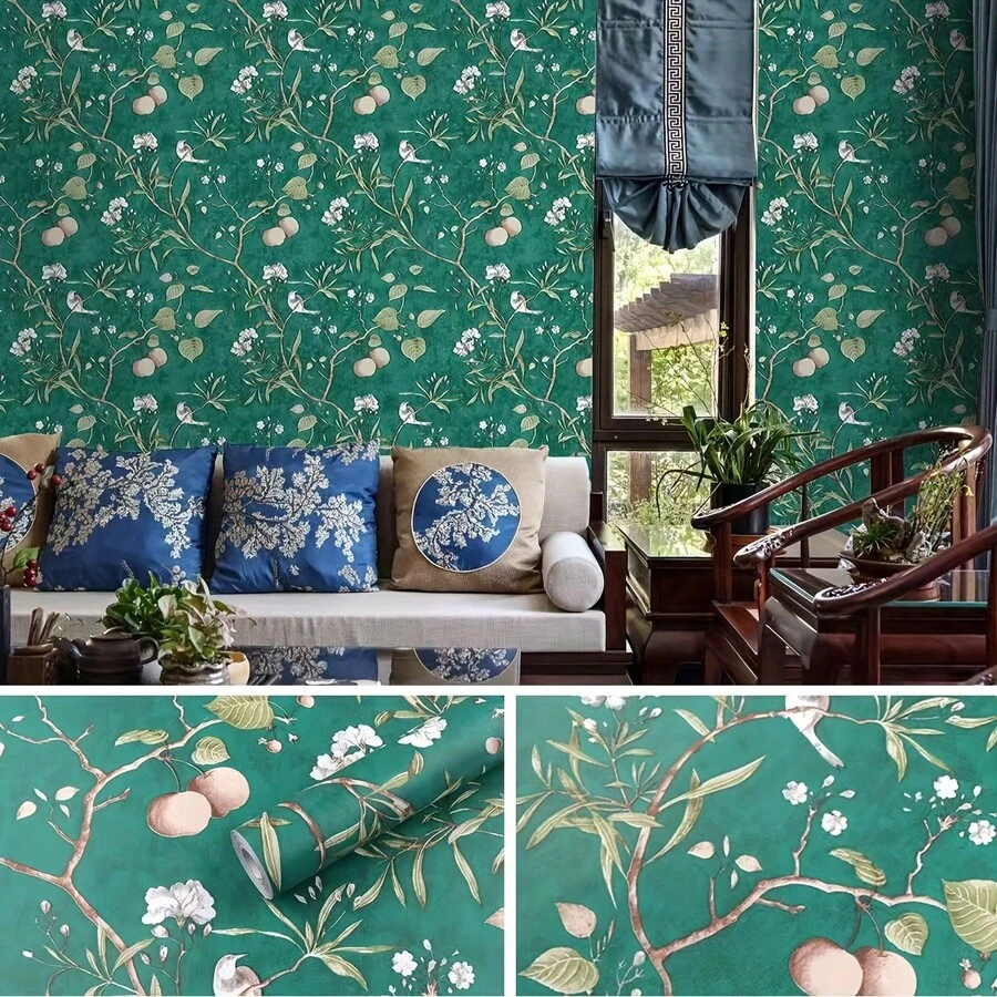 Self - Adhesive Retro Floral Wallpaper. It Can Be Used To Decorate The Walls Of Bedrooms And Living Rooms. It Has A Rustic Style And Is Suitable For The TV Background Wall In The Living Room. It's Beautiful And A Wall Covering. - Dark Green - View 1