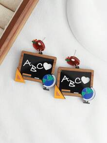 1 Pair Cartoon Apple, Ruler, Globe Blackboard Themed Earrings, Back To School Student Accessories (Card Not Included) - Alphabet Blackboard Earrings - View 4