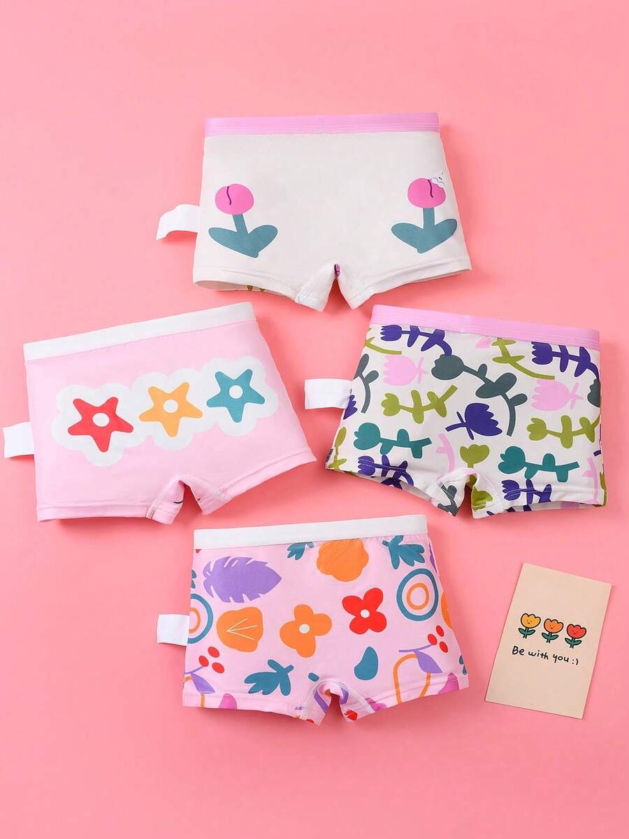 4pcs/Pack Girls' Cute Cartoon Floral Pattern Comfortable Briefs, Suitable For All Seasons - Multicolor - View 1