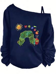 Christmas Outfit Women - Black Off - The - Shoulder Long Sleeve Sweatshirt With Gathered Cuffs, Front Whimsical Children's Book - Style Illustration (Green Caterpillar With Red Head, Yellow Sun, Red Apples, Strawberry, Green Veggie) - Inspired By 'The Very Hungry Caterpillar'- Winter Clothes For Women, New Years Outfit Women, Vacation Outfits Women, Christmas Outfit Women Plus Size - 藏蓝色 - 查看 1