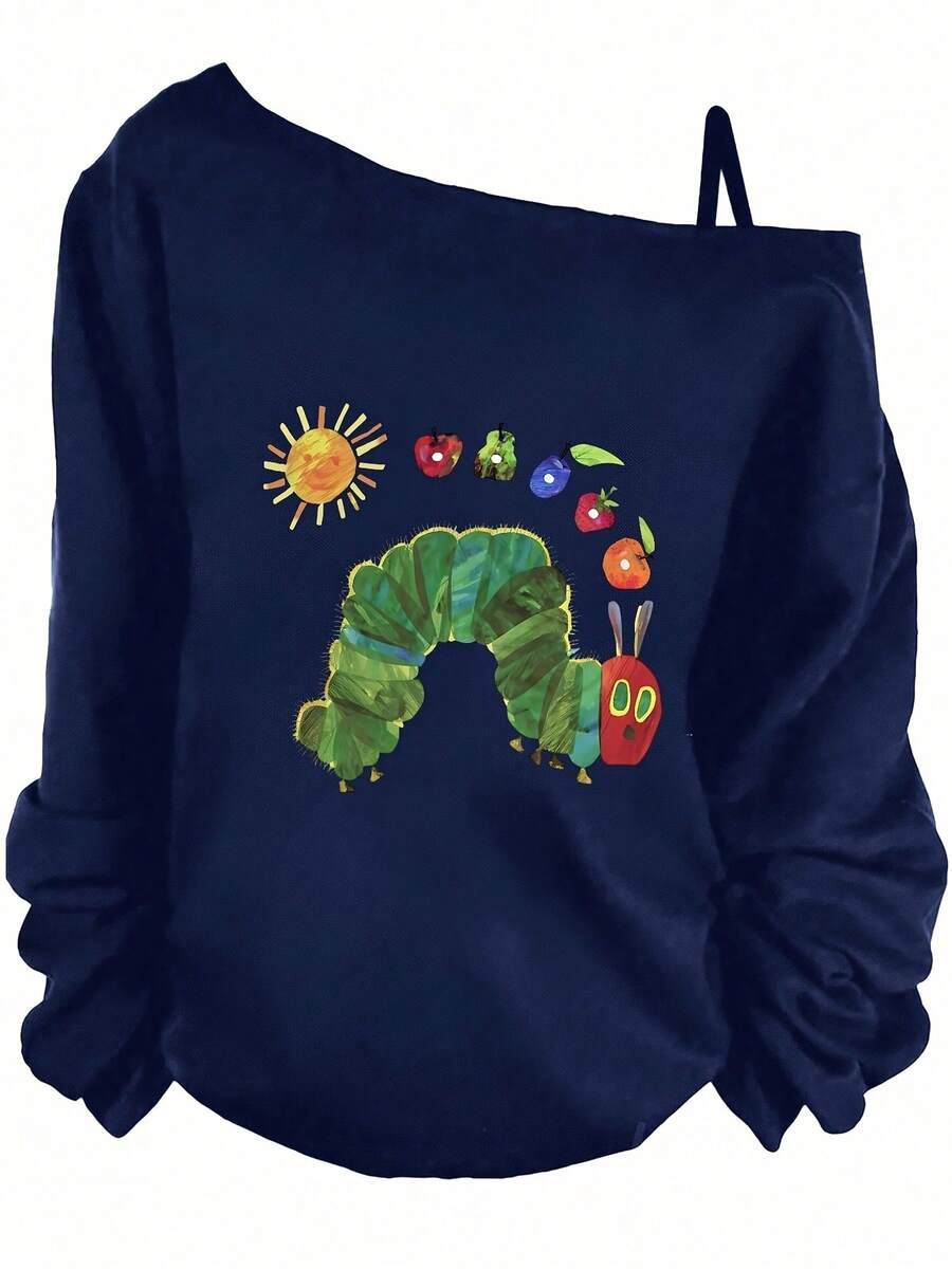 Christmas Outfit Women - Black Off - The - Shoulder Long Sleeve Sweatshirt With Gathered Cuffs, Front Whimsical Children's Book - Style Illustration (Green Caterpillar With Red Head, Yellow Sun, Red Apples, Strawberry, Green Veggie) - Inspired By 'The Very Hungry Caterpillar'- Winter Clothes For Women, New Years Outfit Women, Vacation Outfits Women, Christmas Outfit Women Plus Size - 藏蓝色 - 查看 1