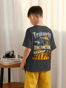 Tween Boys Casual Printed Crew Neck Short Sleeve T-Shirt, Summer Top - Dark Grey - View 2