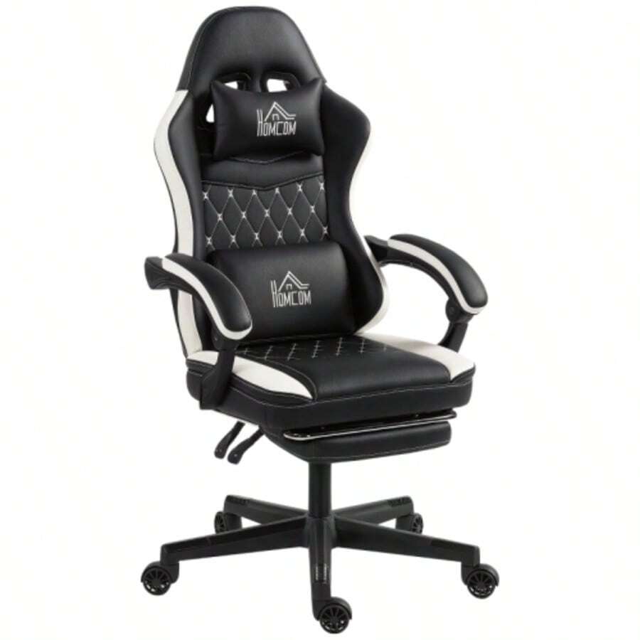 Gaming Chair With Footrest, Computer Chair With Headrest And Cushion, Faux Leather Upholstery, Swivel, Height Adjustable, Metal, Plastic, Black And White - Black - View 1