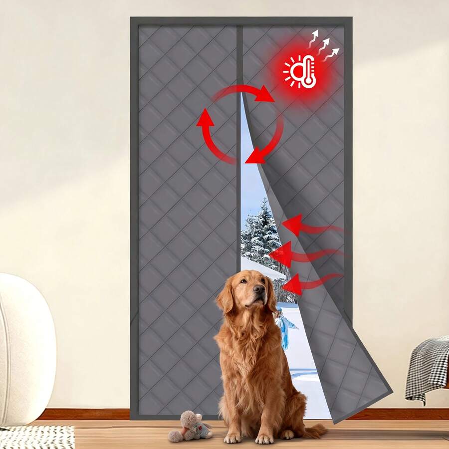 Heavy-Duty Magnetic Thermal Insulated Door Curtain For Winter - 38"X82" (96x208cm) Sliding/Regular Doors, Multi-Layer Oxford Fabric & Insulation, -Saving Locking System, Pet-Friendly Locking Mechanism, Fits Wood/French Doors - Màu Xám nhạt - Xem 1