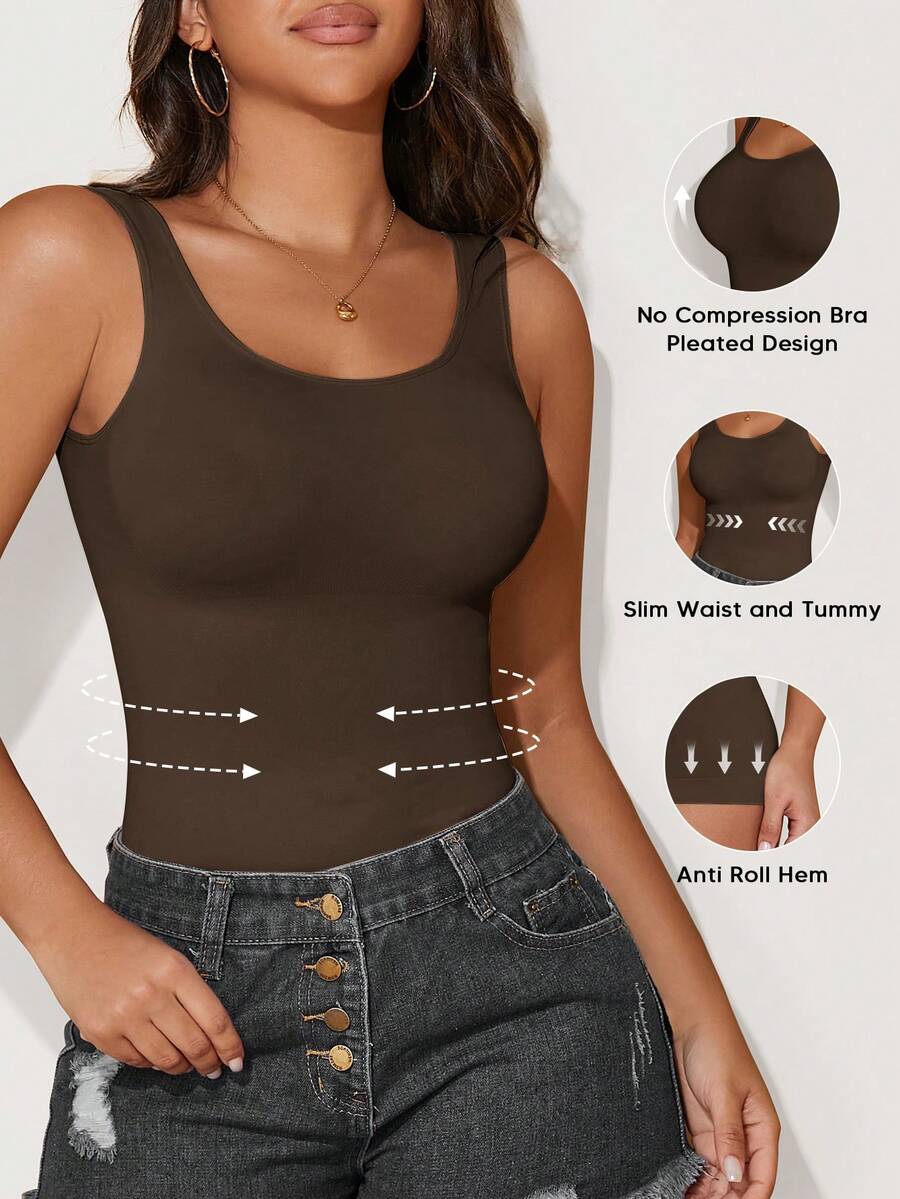 女士无袖背心，塑形显瘦，透气柔软，塑身衣，外出必备，Y2K风格 - 棕色 - 查看 1