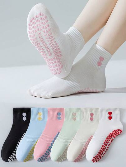 6 Pairs Women's Crew Socks With Silicone Grip Bottom, Non-Slip Sports Socks, Solid Color Fashionable Socks Suitable For Various Occasions